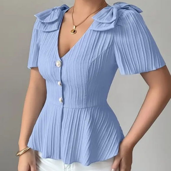 3/$30 Darling Dusty Blur Blouse With Bows - Picture 1 of 5